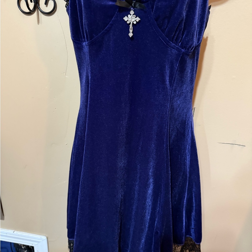 Elegant Purple Velvet Dress with Cross Pendant